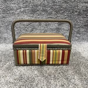 Vintage Striped Fabric Sewing Box Basket Caddy Pincushion Retro Y2K Boho Decor